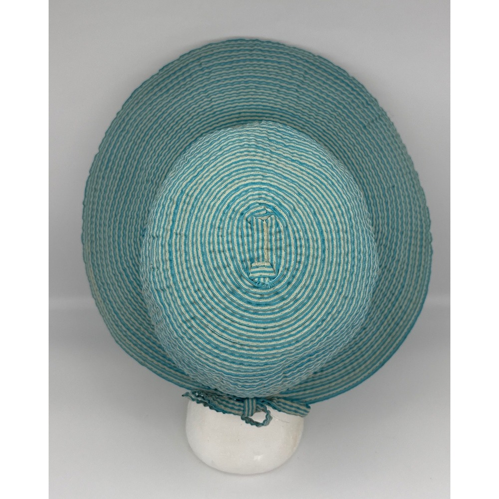 Cappelli Straworld Turquoise Blue White Striped Wide Brim Floppy Sun Hat Bonnet - Picture 4 of 9